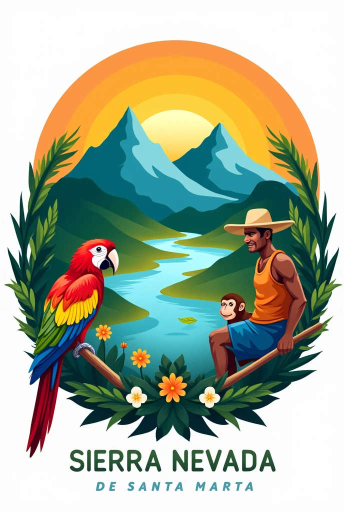 Create a logo in Spanish for a company with the following characteristics: Image with the two peaks of the Sierra Nevada of Santa Marta, laguna, river to the sea, Macaw, monkey and a peasant
