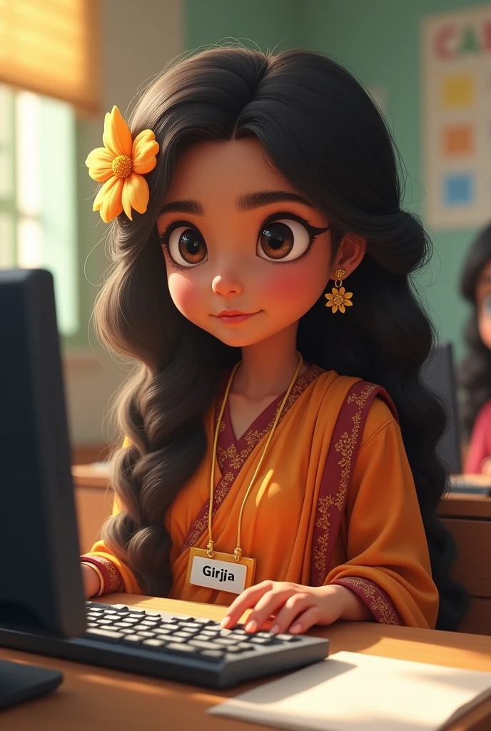 A indian short girl in type writing class with knit very long hair with flower
.wear chutidar.medium eyes,skin tone dusky,belly fat chubby,that girl is girija on badge 