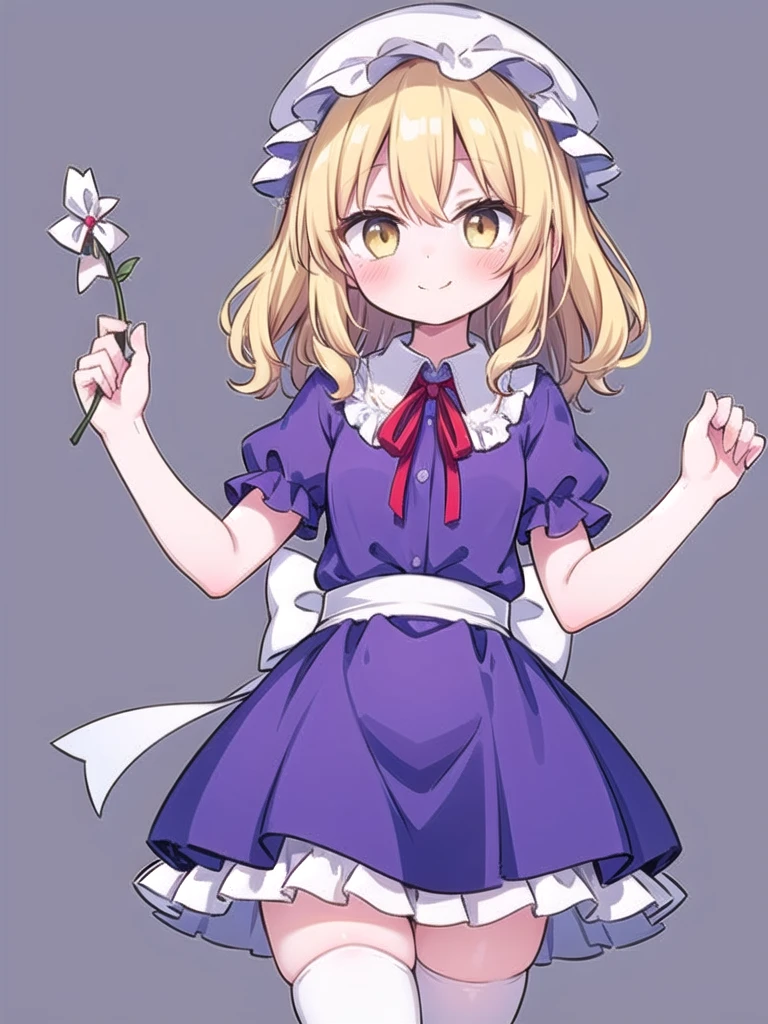 1girl, masterpiece, best quality, perfect hands, smile, blush, closed mouth, yellow eyes, maribel hearn, purple dress, puffy short sleeves, white hat, white ribbon, middle hair, blonde hair, red neck ribbon, curly hair, white thighhighs, zettai ryouiki, frills, collared shirt, miniskirt