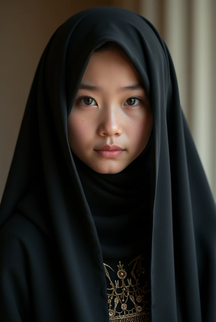 A beautiful girl in Muslim black fardhah costume full size