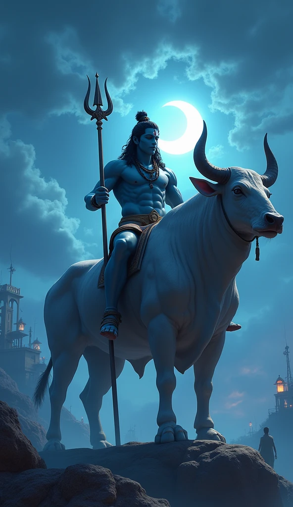 a powerful muscular lord shiva sitting on a giant muscular cow nandi, blue tinted night sky with cloudy moon, lord shiva holding trishul, nandi walking on water, tiny buildings, tiny human,  fantasy landscape, (best quality,4k,8k,highres,masterpiece:1.2),ultra-detailed,(realistic,photorealistic,photo-realistic:1.37),dramatic lighting,cinematic composition,intricate details,vibrant colors,mystical atmosphere, 