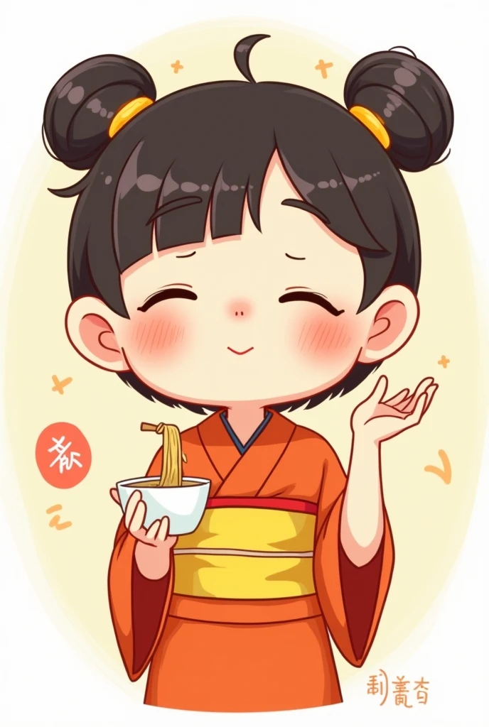 A simple drawing without many features of a closed-eyed Chinese girl with two Pucca-style tails in her hair and an orange Kimono and yellow sashes with a glass of instant noodle soup in her left hand and her other right hand as if she were presenting something., that has no realism at all, no details of shine, a Pucca and Garu type drawing model up to the chest