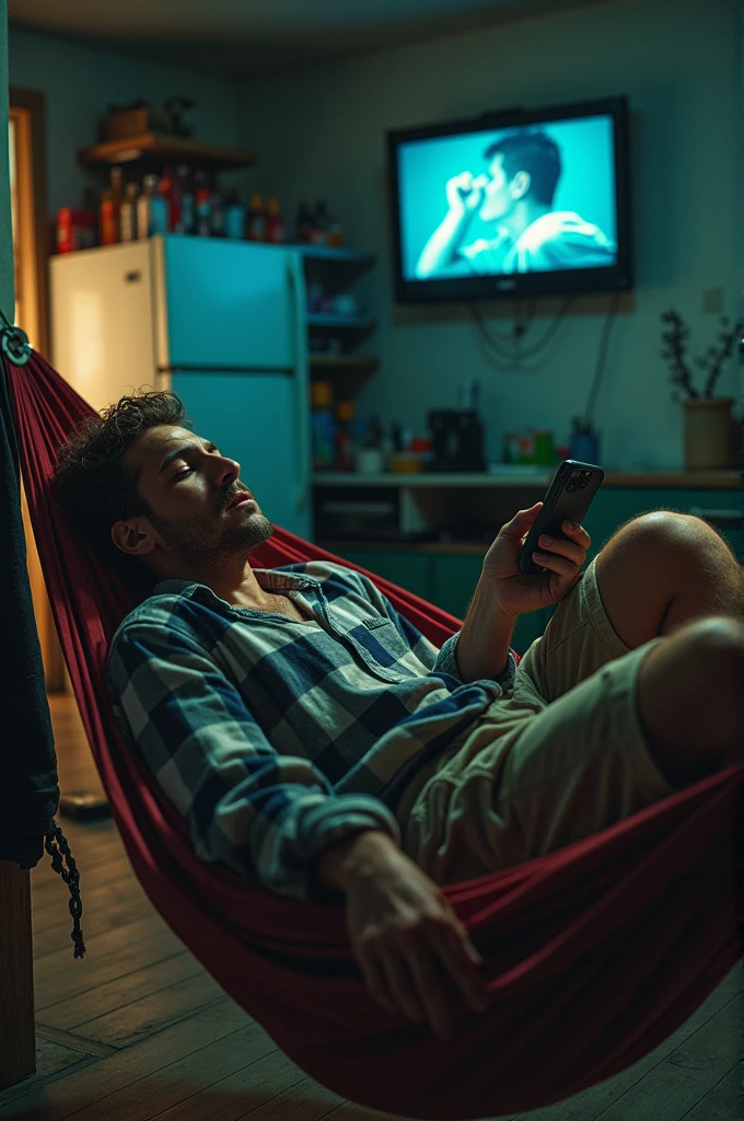 Man lying in hammock dirty in shorts and flannel watching TV and playing on cell phone with empty fridge 