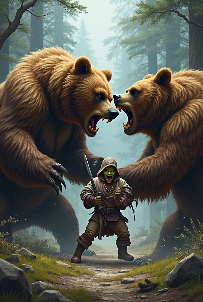 There are two grizzly bears fighting by biting and swinging claws. While they are distracted and locked in combat, a goblin rogue holding two swords in his hand runs behind and jumps on the back of one of the bears and attempts to stab it