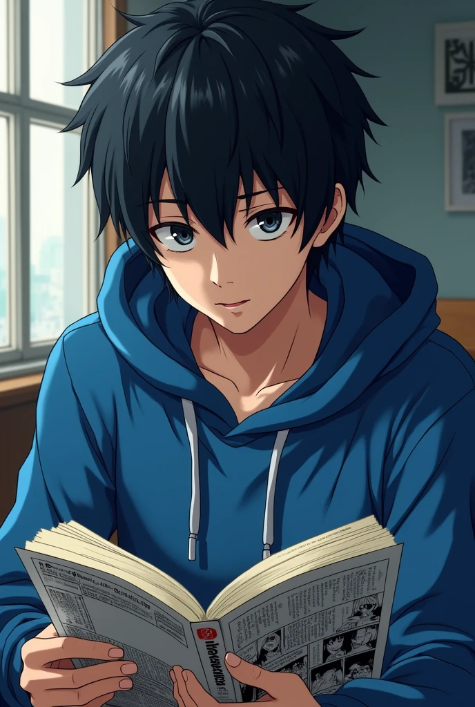 1 Handsome anime boy black hairs flufy and black eyes ,A hoddie blue colour, reading manga death note ,