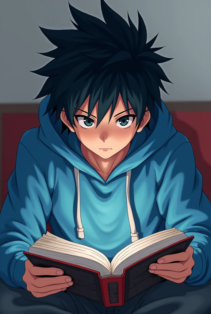 1 Handsome anime boy black hairs flufy and black eyes ,A hoddie blue colour, reading manga death note ,
