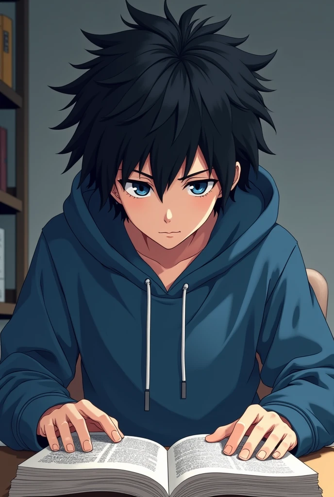 1 Handsome anime boy black hairs flufy and black eyes ,A hoddie blue colour, reading manga death note , 