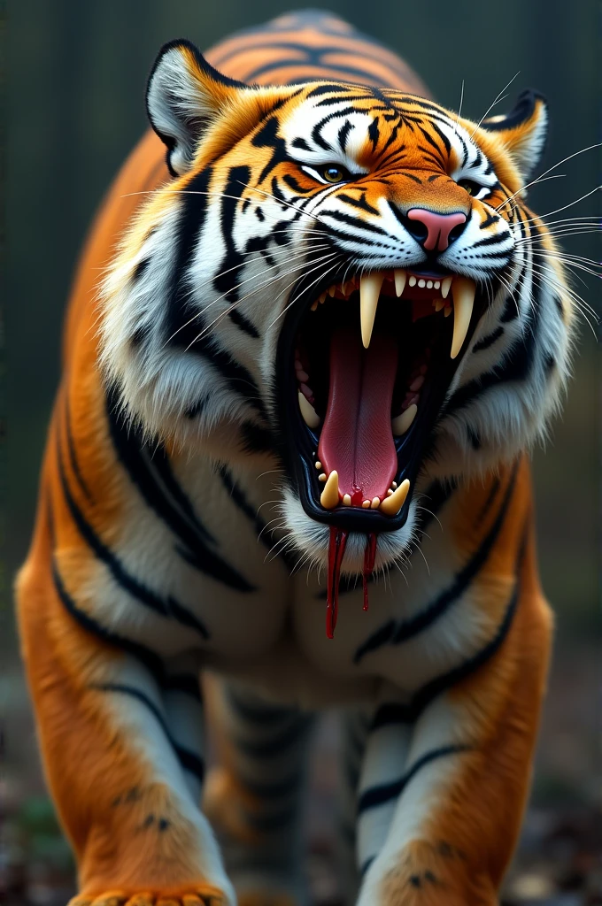 Tiger roar with long teeth with blood side view