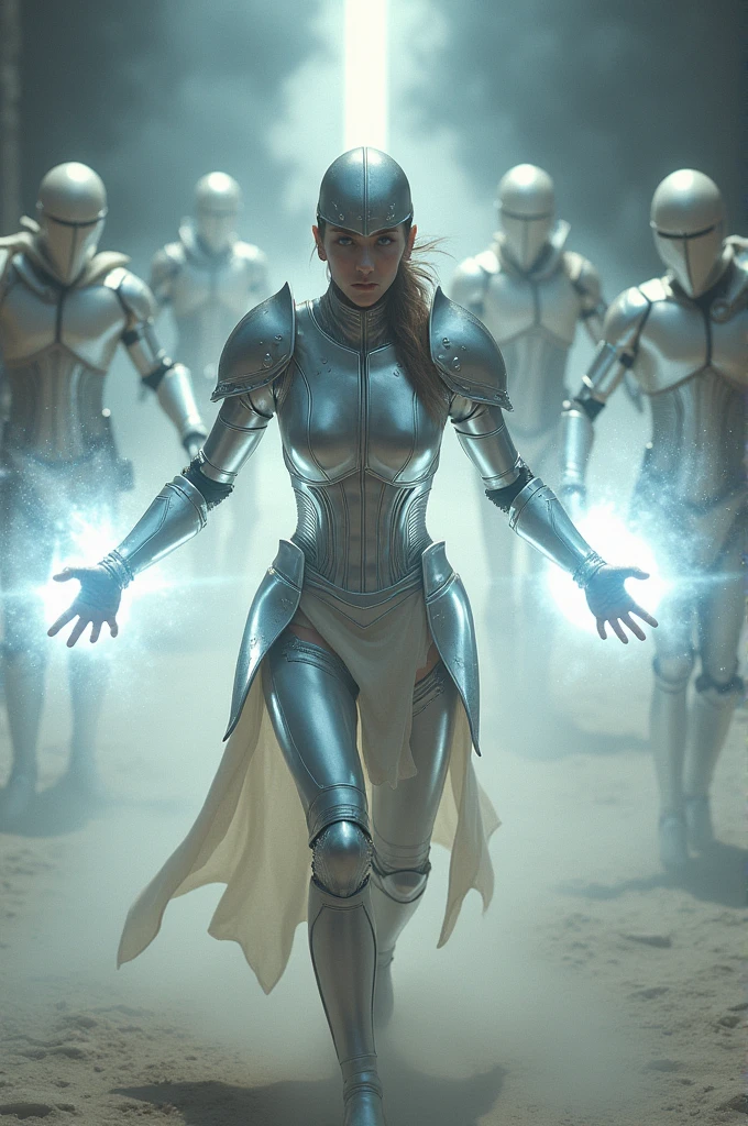Woman in silver armor and a closed silver helmet running with her arms forming an X glowing white towards the enemy in vanilla armor and a closed vanilla helmet