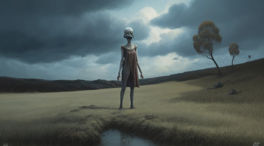 A grim Kansas horror story, a forgotten land, terrifying art, horror fantasy, surreal science fiction painting, goro fujita, Simon stålenhag, Denis sarazhin, ominous sky, Alex colville, terrifying art, nightmarish, disturbing art, grim noir, narrative storytelling art, phenomenal painting