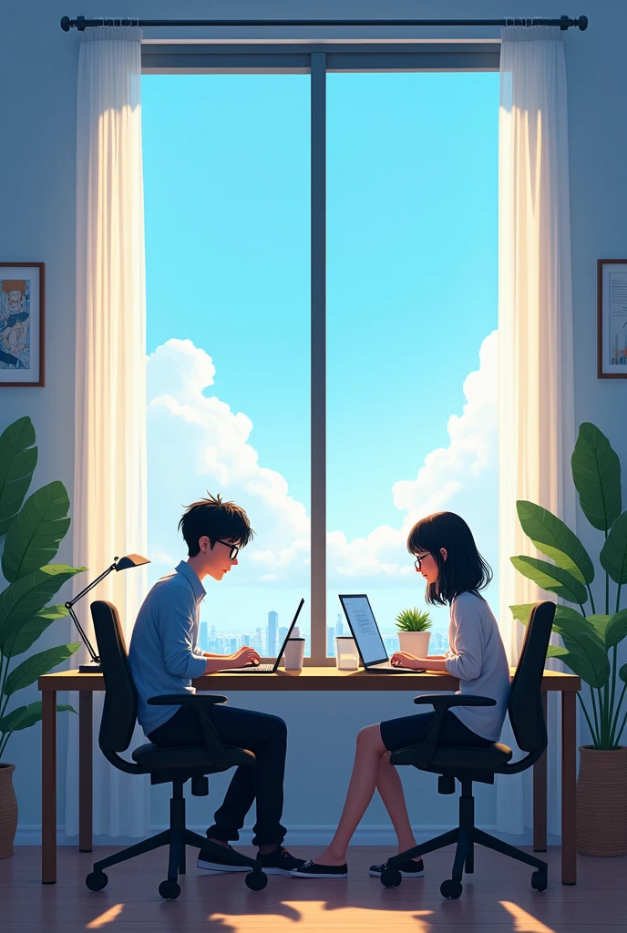 A young juvenile couple, the boy with short black hair and glasses, the girl with short black hair and glasses. They are on a room from their penthouse from an apartment bulding with a bluey sky sight on the window, each one working on two work desks staring with love to each other.