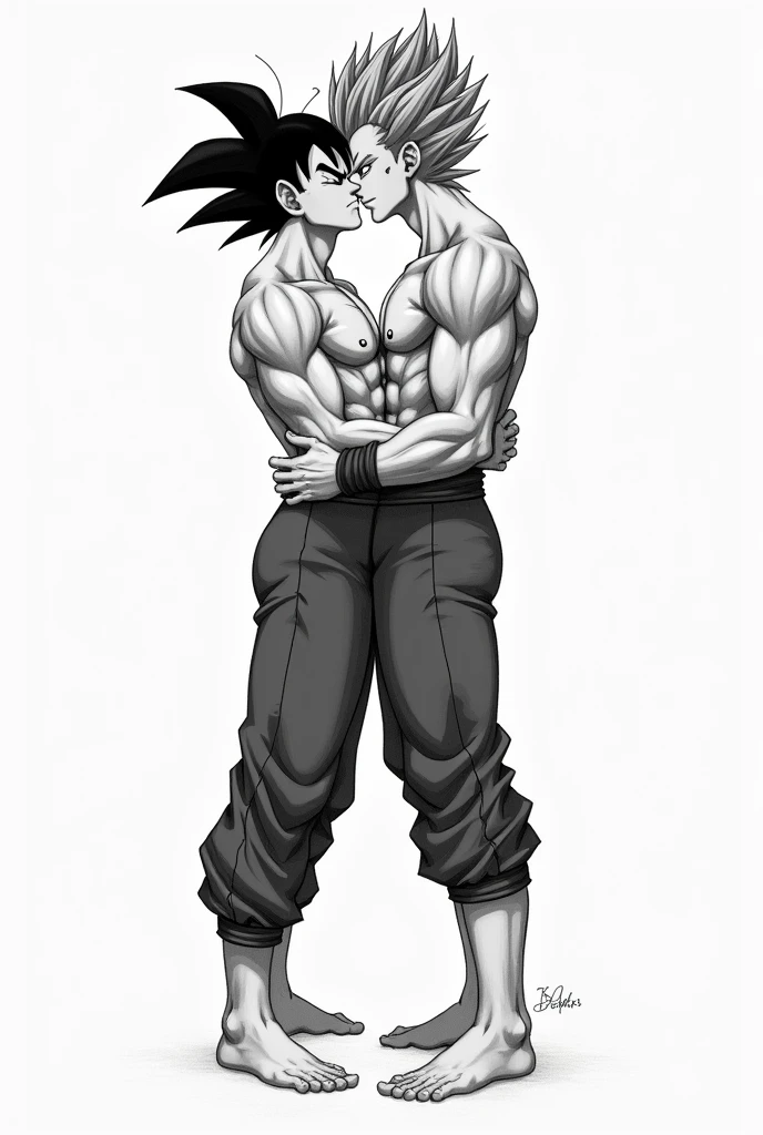 Goku and Vegeta kissing on the mouth (it's two men; both with their eyes closed; delicious kiss; shirtless both of them; with tight, knee-length jeans; barefoot and in the form of a drawing)