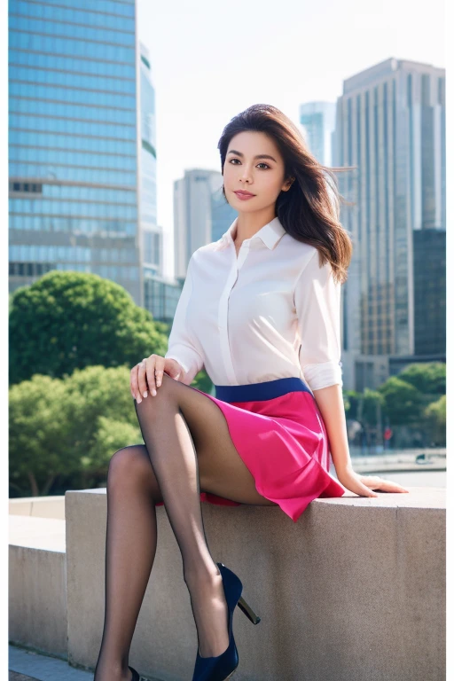 (Colorful collared shirts)、(Midi Skirt:1.2) 、Full Body Portrait、(silk pantyhose)、Sitting、Both legs and high heels look beautiful.、1 girl、Perfect body,Two well-balanced legs、 Perfect hands, (Perfect Face, Perfect Eyes), Accurate,(Perfect Anatomy, Anatomically correct), Perfectly clear and sharp focus、Large Breasts、Modern architecture in the background、((Highest quality、Ultra-high resolution、masterpiece)) 
