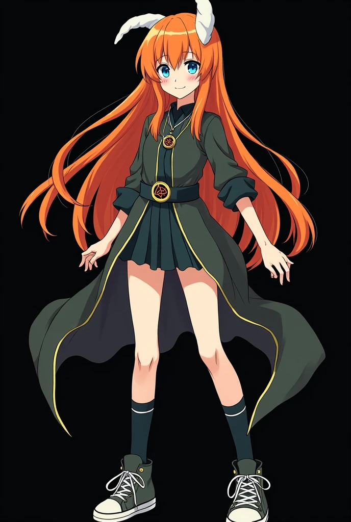 A full body image of an child, personagem do anime "JUJUTSU KAİSEN", she is very beautiful, with long, straight, fire-colored hair with two white streaks highlighted in the front, framing your face. She has blue-green eyes and pale skin.. she is a Wiccan, she is in fighting pose. she wears a pentagram necklace, tight skirt, beautiful women's high-top shoes and ¾-long socks. It is drawn with animation by Gege Akutami.. black backdrop.