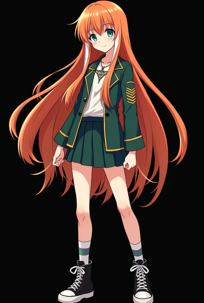 A full body image of an child, personagem do anime "JUJUTSU KAİSEN", she is very beautiful, with long, straight, fire-colored hair with two white streaks highlighted in the front, framing your face. She has blue-green eyes and pale skin.. she is a Wiccan, she is in fighting pose. she wears a pentagram necklace, tight skirt, beautiful women's high-top shoes and ¾-long socks. It is drawn with animation by Gege Akutami.. black backdrop.