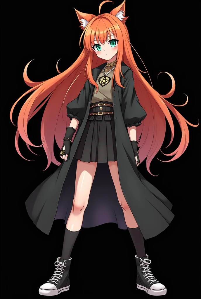 A full body image of an child, personagem do anime "JUJUTSU KAİSEN", she is very beautiful, with long, straight, fire-colored hair with two white streaks highlighted in the front, framing your face. She has blue-green eyes and pale skin.. she is a Wiccan, she is in fighting pose. she wears a pentagram necklace, tight skirt, beautiful women's high-top shoes and ¾-long socks. It is drawn with animation by Gege Akutami.. black backdrop.