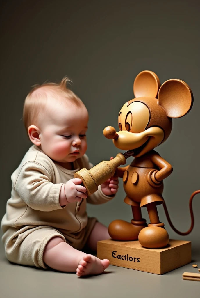 Un vrai Bebe surdouée crée une magnifique sculpture de Mickey, Wooden, with his baby chainsaw. The baby is proud. humorous caricature. Ecrire en francais sous mickey : " Gifted artist "