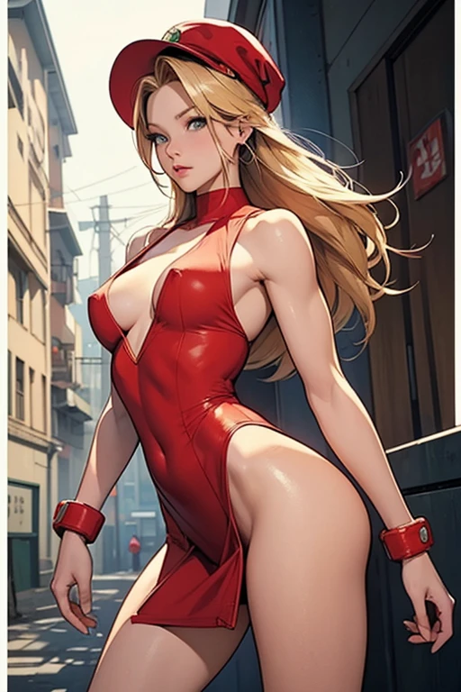 a drawing of a totally naked woman and a red hat, Cammy, high quality colored sketch, no suit, temática de Cammy de street figther, Samus Aran Fanart, inked and colored, Comic style art, comic digital art, A blonde emerald warrior, highly detailed exquisite fanart, drawn in the style of artgerm, in a Japanese city