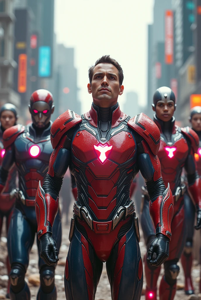 Superheroes in various armors celebrating a victory after a fight