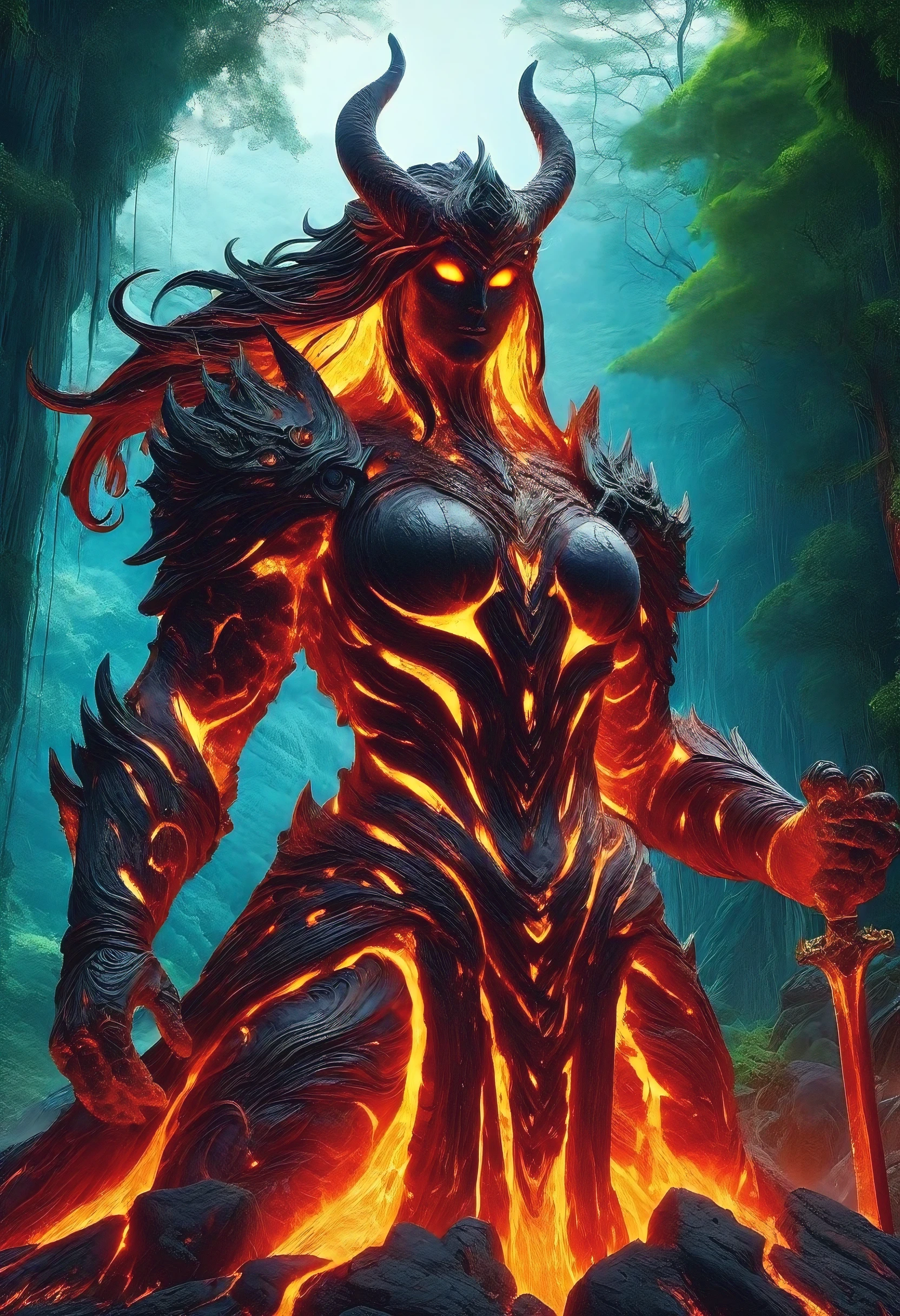 Lava Demon, ral-lava, LavaRay, Demon made entirely of lava, (best quality, highres, ultra-detailed:1.2), intense, fiery, and fearsome Lava Demon, glowing red eyes, sharp fangs and claws, towering over the landscape, surrounded by swirling magma, molten rivers flowing in the background, emitting a sinister glow, smoke billowing from its nostrils, an aura of pure heat and destruction, devilish horns adorned with lava drips, an otherworldly entity emerging from the depths of the Earth's core, surreal and menacing, in the style of dark fantasy art, with vibrant colors and high contrast, cast in a hellish color palette.