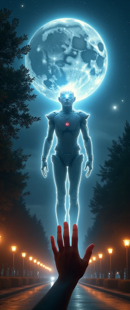 I'm on the street at night looking at the horizon, Behind the moon appears a slight outline that resembles a humanoid or god as if it were a second moon, I can see his eyes shine like stars on the horizon, 32K, super realistico, life like, Real vision, every detail of the image is impressive, he is traveling in the universe coming to earth, it appears from the chest up, starry sky of a peaceful night, tree-lined street, well lit street, light posts, He is a heavenly being, marvel celestials, lens flare effect, he appears to have mechanical and robotic aspects, he has objects orbiting his presence, some lights shine in bright, vibrant colors, the moon covers part of it and it is much bigger than it, I see my hand and try to cover some strong lights,