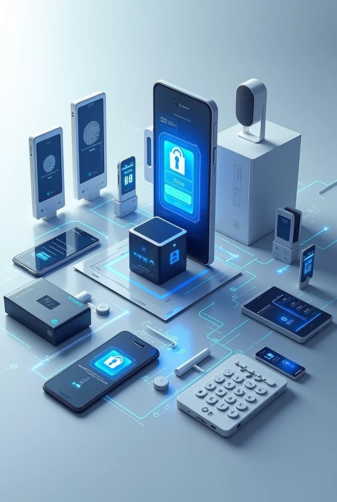 Image description：Demonstrate different types of fingerprint recognition modules、Password keyboard and mobile phone APP interface。]
