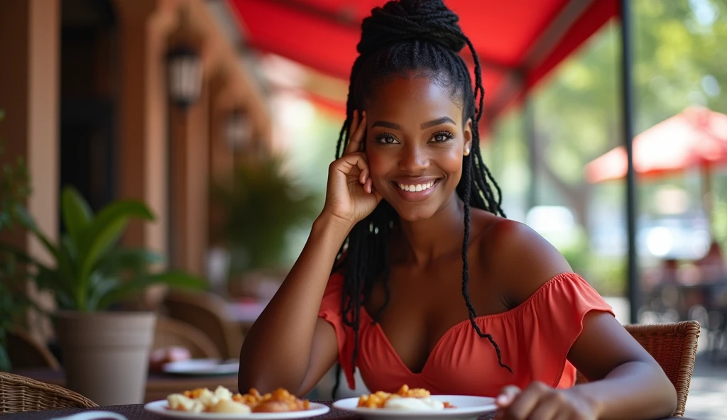 a realistic photo, hdr resolution, hyper detailed, uhd photo realistic, 1 girl, black, a little round, voluptuous shapes, smiling, braided hair, she is wearing a light red dress, she is staring at the lens, she is sitting at a table on a restaurant terrace, the weather is nice and warm, the elements of this photo bring out well-being, it is pensive, the details of this scene are pushed to the maximum making this photo a masterpiece