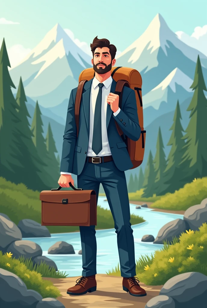 Request a logo image of a man in a suit going camping.