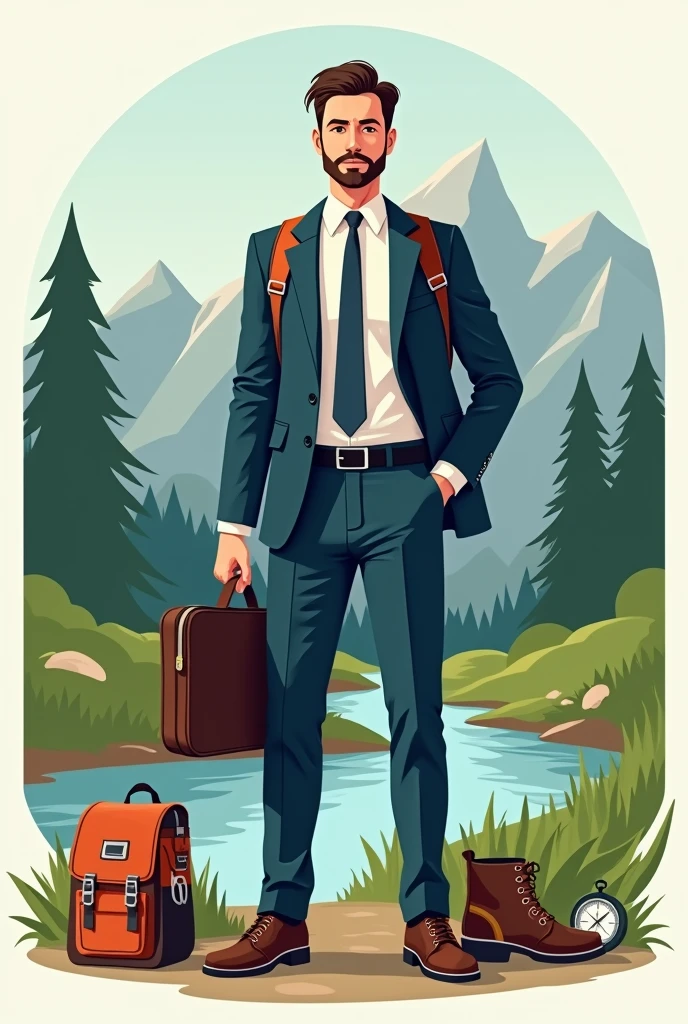 Request a logo image of a man in a suit going camping.