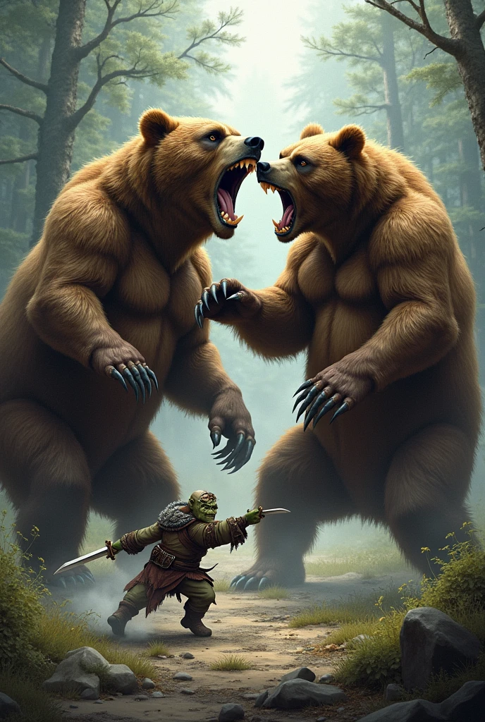 There are two grizzly bears fighting by biting and swinging claws. While they are distracted and locked in combat, a goblin rogue holding two swords in his hand runs behind and jumps on the back of one of the bears and attempts to stab it