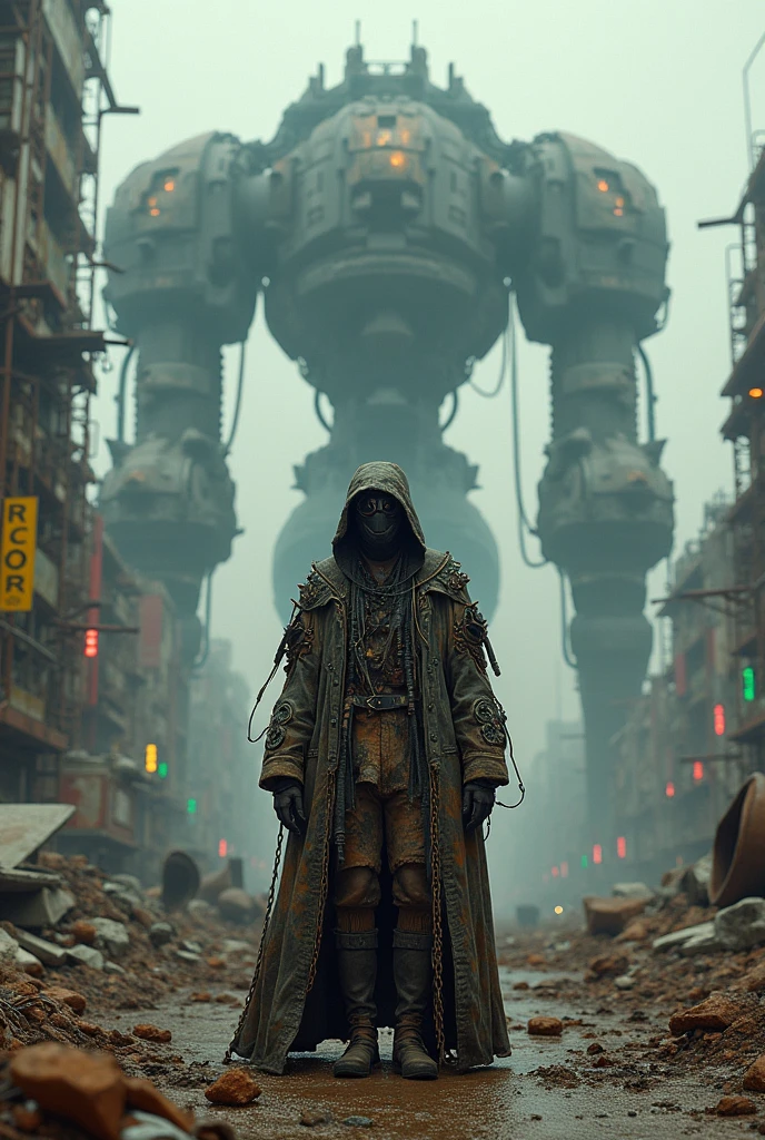 Aerial View of panoramic distopic city, mega structure, Mask, Wearing scrap clothes, metal gears, pipes apparent, Apparent installations, machine scrap exposed mechanic cabling, a screenshot inspired by Mad Max, Neon Ligth, Trash, Garbage, Blade Runner, robotic scrap, android scrap, cyborg scrap, tumblr, dau-al-set, wearing apocalyptic clothes, ornate cyberpunk robes, chains, debris, smog, Vehicule Scrap from Mad Max, dressed as an oracle, tattered robes, intricate costume design, cyberpunk fashion clothing, still from a fantasy movie, post apocalyptic attire, mechanic exposed, cables, scrap, sky line of ruins.