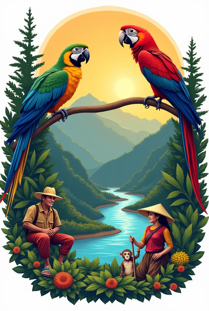 Create a logo in Spanish for a company with the following characteristics: Image with the two peaks of the Sierra Nevada of Santa Marta, laguna, river to the sea, Macaw, monkey and a couple of peasants
