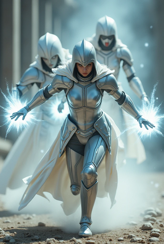 Woman in silver armor and a closed silver helmet running with her arms forming an X glowing white towards the enemy in vanilla armor and a closed vanilla helmet