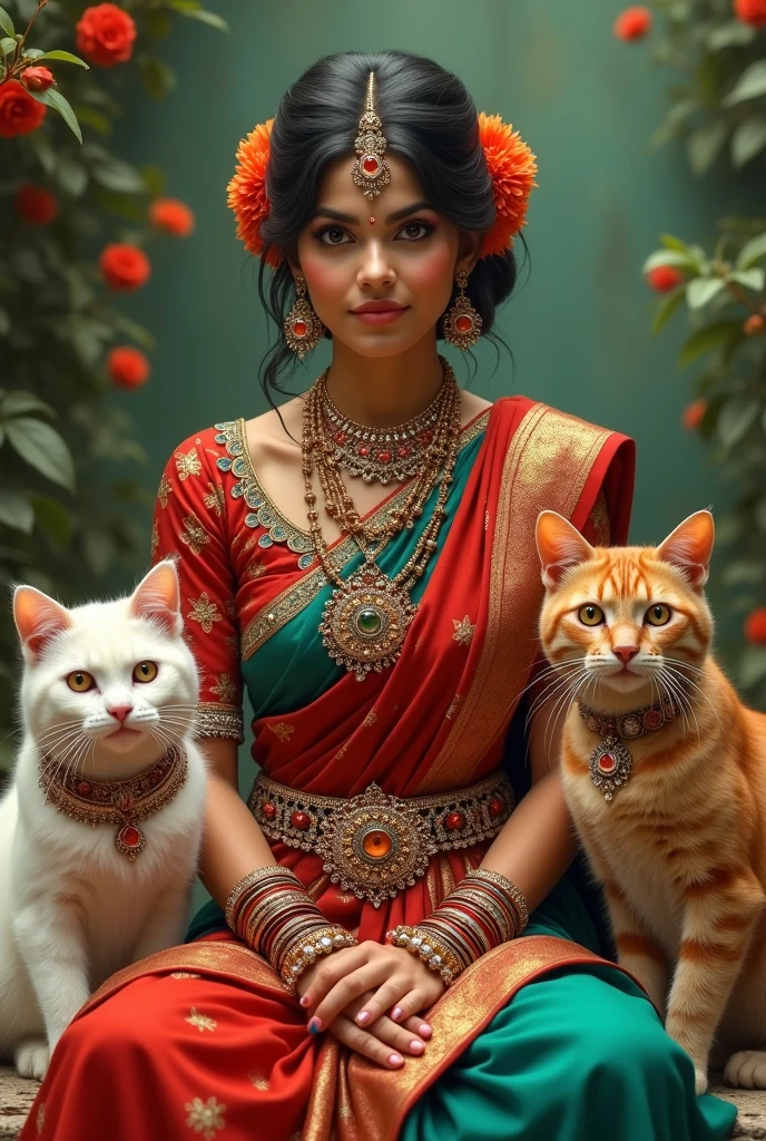 There are three cats and she is in Indian dress and she is wearing Indian jewellery. 
