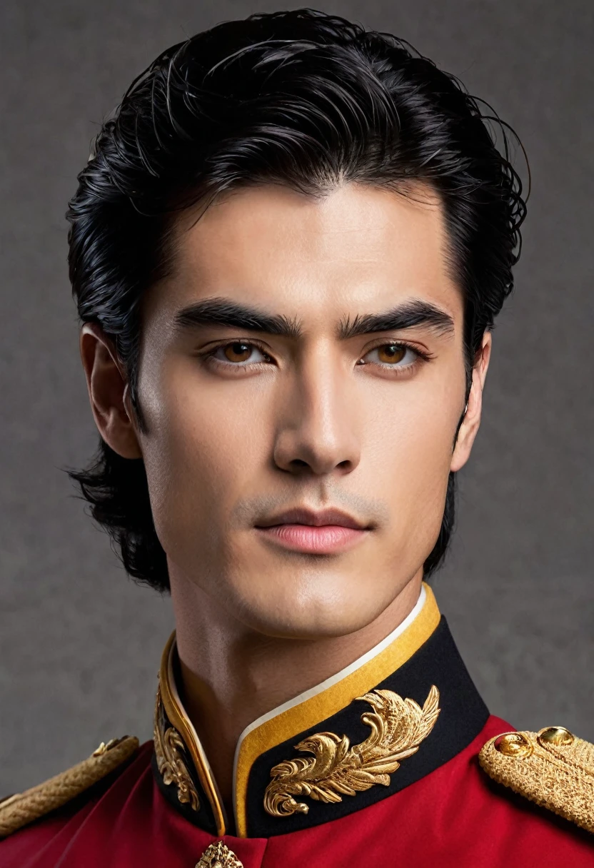 A young man, regal and striking, he is an adult, tall and athletic, with a powerful, commanding presence. His hair is jet-black, straight and silky, falling just above his shoulders, often left loose to catch the wind during training. (((a man with jet-black hair and fair skin, 1.85 meters tall))) (((handsome and imposing))), his sharp, aristocratic features exude confidence and pride. His skin is fair, almost porcelain-like, unblemished and smooth, a stark contrast to the brutal training fields around him. Dark, expressive eyes, filled with a mix of arrogance and hidden vulnerability, set beneath finely arched brows, giving him an air of superiority. He wears a tailored military uniform, deep crimson with gold accents, fitting his form perfectly, symbolizing both his high status and his battlefield readiness. His stance is poised, with muscles that are well-defined yet not overly bulky, indicating a perfect balance of strength and agility. The light of the setting sun highlights the contours of his face, casting a soft, golden glow, adding to his almost ethereal beauty. He radiates an aura of power and destiny, a warrior prince destined for greatness, with every step echoing his confidence and his unshakable resolve to dominate.