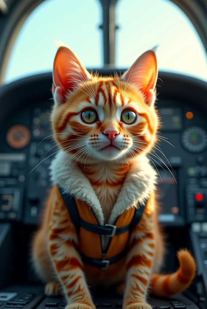 Cute close-up photo of an orange pilot cat., Cockpit,
