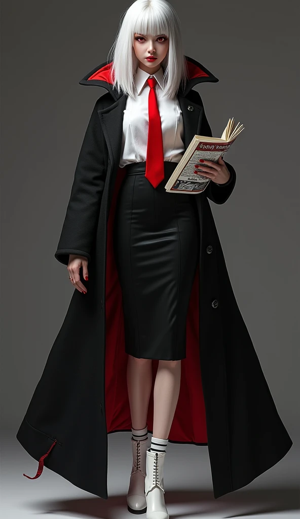 The young woman red eyes white hair wear a vampire black coat inside vampire black coat has a carmine color, white shirt, red necktie, black pencil skirt, black underpants, long white tights, medium black socks, white leather boots, cartoon novel, 4K, HD