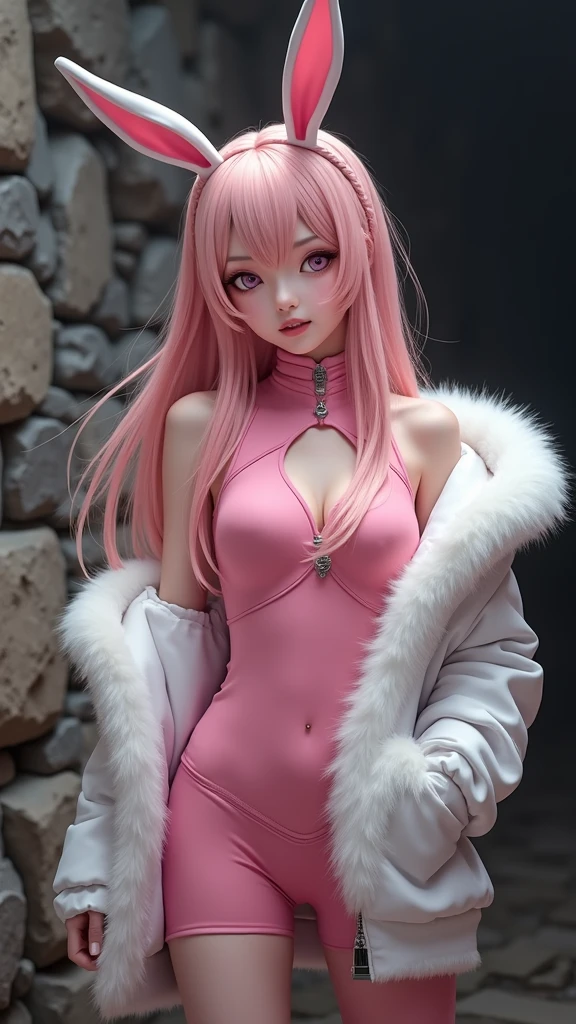 there is a woman in a pink outfit posing for a picture, anime girl cosplay, ann takamaki from persona 5,(orejas de conejita :1.4),( full body zenkai! asuka suit:1.4) , asuka langley soryu, asuka langley sohryu, asuka langley souryuu, ayaka cosplay, anime cosplay, asuka langley, junko enoshima, misa amane, high quality, (RAW photo, best quality), (realistic, photorealistic: 1.4), (extremely delicate and beautiful: 1.4), amazing, fine details, masterpiece, ultra detailed, high resolution, best illustration, best shadow, intricate, ( extremely intricate: 1.2), (exquisitely detailed skin), cinematic light, perfect anatomy, (cool color: 1.4), sharp focus, 8k UHD, DSLR, (Fujifilm XT3),(iluminación cinematográfica :1.4), ,(Fondo de ruinas de mazmorra en ruinas piedras grandes caverna cueva :1.4 )