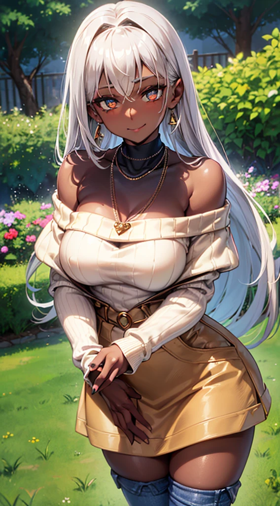 （dark skin,Silver Hair,Fox Girl）,(Perfectly detailed face),(Young) , ((, Beige off-the-shoulder sweater、Tight denim skirt、Black Stockings、Cute Necklace、Earrings、)),garden,noon,sweaty,Smirk,High resolution, masterpiece, Highest quality, High resolution, Cowboy Shot