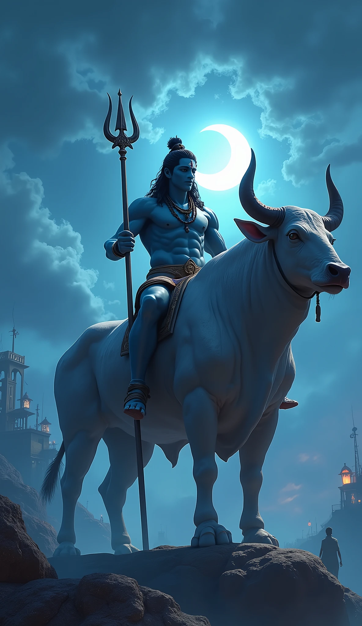 a powerful muscular lord shiva sitting on a giant muscular cow nandi, blue tinted night sky with cloudy moon, lord shiva holding trishul, nandi walking on water, tiny buildings, tiny human,  fantasy landscape, (best quality,4k,8k,highres,masterpiece:1.2),ultra-detailed,(realistic,photorealistic,photo-realistic:1.37),dramatic lighting,cinematic composition,intricate details,vibrant colors,mystical atmosphere, 