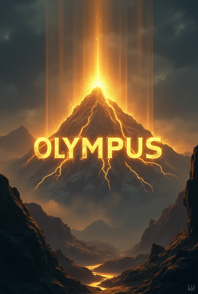 An image with the word ØLYMPUS in the center in gold while the letters are covered by rays in the middle of Olympus. while it's night