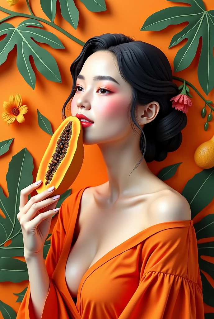 A beautiful woman eating papaya, masterpiece, all in three dimensional paper art、(Almond Shapes);1.9、(Three-dimensional paper-cut art.、colorful):1.9