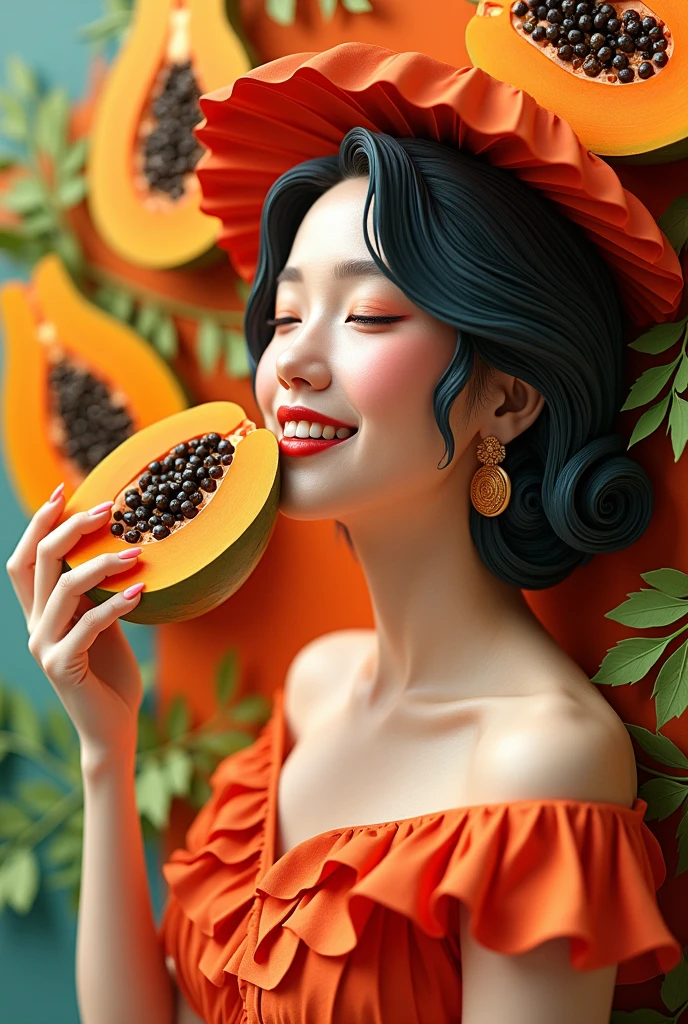 A beautiful woman eating papaya,  masterpiece, all in three dimensional paper art、(Almond Shapes);1.9、(Three-dimensional paper-cut art.、colorful):1.9
