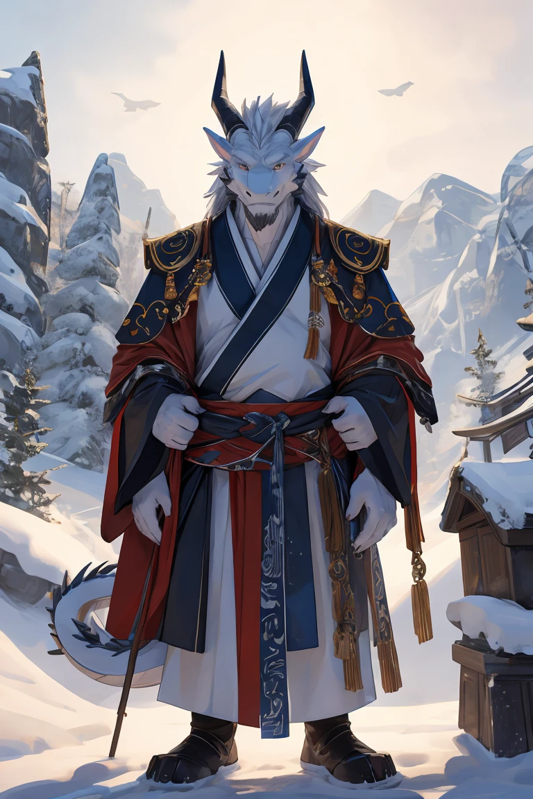 best quality，Ultra HD，Second Dimension，Alone，Close perspective，The most exquisite eyes［The most exquisite eyes：2.1］，Standing in the snowy mountains，no buildings，male，White Dragon，Tall body，old，White Hair，The tail is white.，There are some black scales on the body，There are two brown horns on the head，Gray Eyes，White heavy ancient style Hanfu，White cloth boots