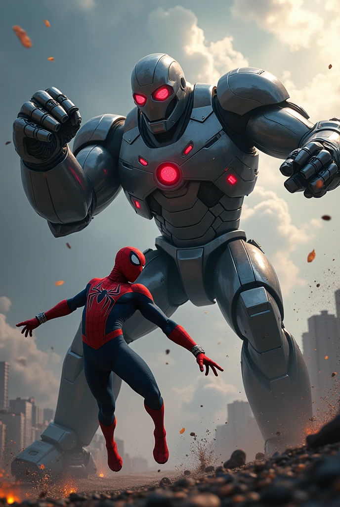 Depict a dramatic scene where the robot delivers a devastating punch to Spider-Man, sending him flying backward in mid-air. Spider-Man's body is arched, and his face shows a mix of pain and shock as he falls toward the ground. The robot's massive fist is still extended from the punch, its glowing red eyes focused on Spider-Man with a menacing intensity. The robot’s design remains the same: towering, with bulky metallic gray armor and glowing red accents. The background features the stormy sky and a cityscape below, with debris floating in the air, emphasizing the power of the impact."