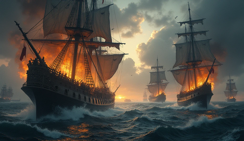 A dramatic portrayal of a medieval naval battle, capturing the chaos and fury of maritime warfare. The scene unfolds under a stormy sky, with dark clouds rolling in, adding to the sense of impending doom. Two massive ships, their sails tattered and torn, clash violently on rough, churning seas. Cannons roar from the decks, their fiery blasts illuminating the darkness, as cannonballs tear through wood and fabric alike. The ships are locked in a deadly dance, their hulls groaning under the strain, while sailors frantically reload cannons, draw swords, and shout commands amidst the chaos. Flames leap from the splintered masts, casting eerie reflections on the water below, where debris and lifeboats drift amidst the wreckage. The composition is steeped in tension, with a focus on the ferocity of the battle and the struggle for control over vital trade routes. The image is rendered in the meticulous and atmospheric style of Edmund Blair Leighton, evoking a sense of heroism and desperation, Surrealism, Hyperrealism, UHD, retina, masterpiece, accurate, anatomically correct, textured skin, super detail, best quality, 16k

