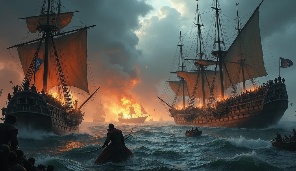 A dramatic portrayal of a medieval naval battle, capturing the chaos and fury of maritime warfare. The scene unfolds under a stormy sky, with dark clouds rolling in, adding to the sense of impending doom. Two massive ships, their sails tattered and torn, clash violently on rough, churning seas. Cannons roar from the decks, their fiery blasts illuminating the darkness, as cannonballs tear through wood and fabric alike. The ships are locked in a deadly dance, their hulls groaning under the strain, while sailors frantically reload cannons, draw swords, and shout commands amidst the chaos. Flames leap from the splintered masts, casting eerie reflections on the water below, where debris and lifeboats drift amidst the wreckage. The composition is steeped in tension, with a focus on the ferocity of the battle and the struggle for control over vital trade routes. The image is rendered in the meticulous and atmospheric style of Edmund Blair Leighton, evoking a sense of heroism and desperation, Surrealism, Hyperrealism, UHD, retina, masterpiece, accurate, anatomically correct, textured skin, super detail, best quality, 16k
