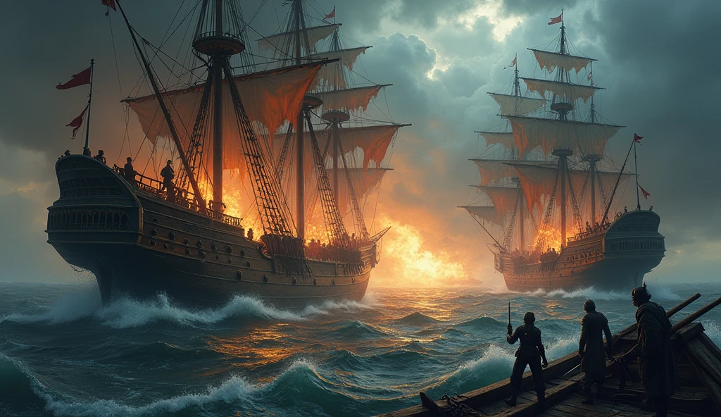 A dramatic portrayal of a medieval naval battle, capturing the chaos and fury of maritime warfare. The scene unfolds under a stormy sky, with dark clouds rolling in, adding to the sense of impending doom. Two massive ships, their sails tattered and torn, clash violently on rough, churning seas. Cannons roar from the decks, their fiery blasts illuminating the darkness, as cannonballs tear through wood and fabric alike. The ships are locked in a deadly dance, their hulls groaning under the strain, while sailors frantically reload cannons, draw swords, and shout commands amidst the chaos. Flames leap from the splintered masts, casting eerie reflections on the water below, where debris and lifeboats drift amidst the wreckage. The composition is steeped in tension, with a focus on the ferocity of the battle and the struggle for control over vital trade routes. The image is rendered in the meticulous and atmospheric style of Edmund Blair Leighton, evoking a sense of heroism and desperation, Surrealism, Hyperrealism, UHD, retina, masterpiece, accurate, anatomically correct, textured skin, super detail, best quality, 16k