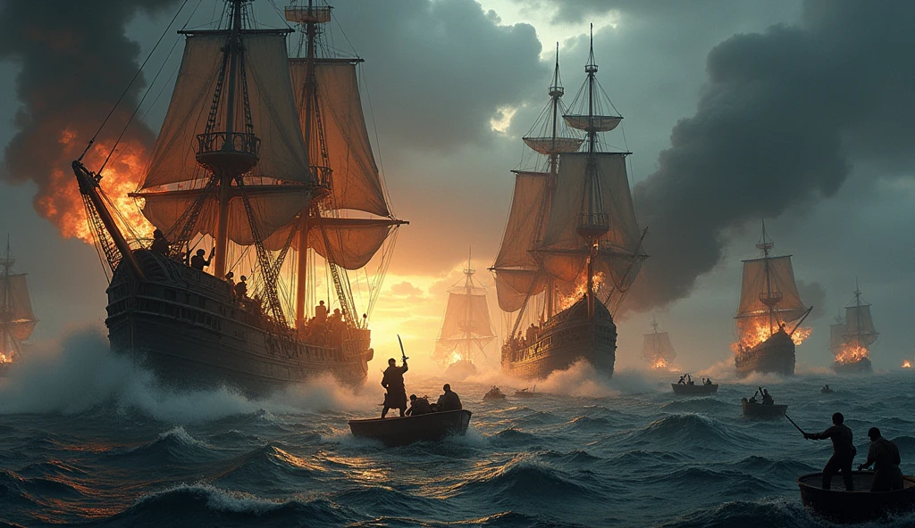 A dramatic portrayal of a medieval naval battle, capturing the chaos and fury of maritime warfare. The scene unfolds under a stormy sky, with dark clouds rolling in, adding to the sense of impending doom. Two massive ships, their sails tattered and torn, clash violently on rough, churning seas. Cannons roar from the decks, their fiery blasts illuminating the darkness, as cannonballs tear through wood and fabric alike. The ships are locked in a deadly dance, their hulls groaning under the strain, while sailors frantically reload cannons, draw swords, and shout commands amidst the chaos. Flames leap from the splintered masts, casting eerie reflections on the water below, where debris and lifeboats drift amidst the wreckage. The composition is steeped in tension, with a focus on the ferocity of the battle and the struggle for control over vital trade routes. The image is rendered in the meticulous and atmospheric style of Edmund Blair Leighton, evoking a sense of heroism and desperation, Surrealism, Hyperrealism, UHD, retina, masterpiece, accurate, anatomically correct, textured skin, super detail, best quality, 16k
