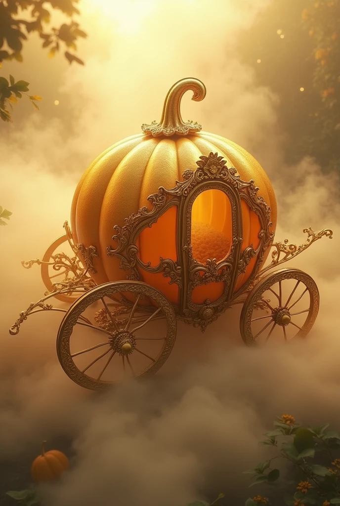Golden and detailed pumpkin carriage in dreamy fog